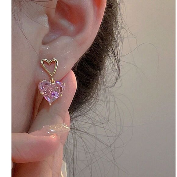 Gold Pink Rhinestone Heart Drop Earrings Crystal Dangle Pendant Romantic Gift - Picture 2 of 3